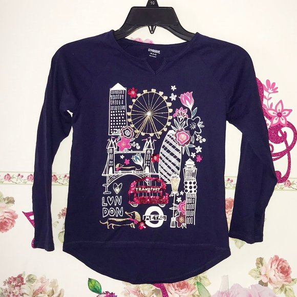 Gymboree Navy Blue London bridge Red Bus Sparkly Sequined Shirt Top Girls 7 8 - Picture 8 of 8